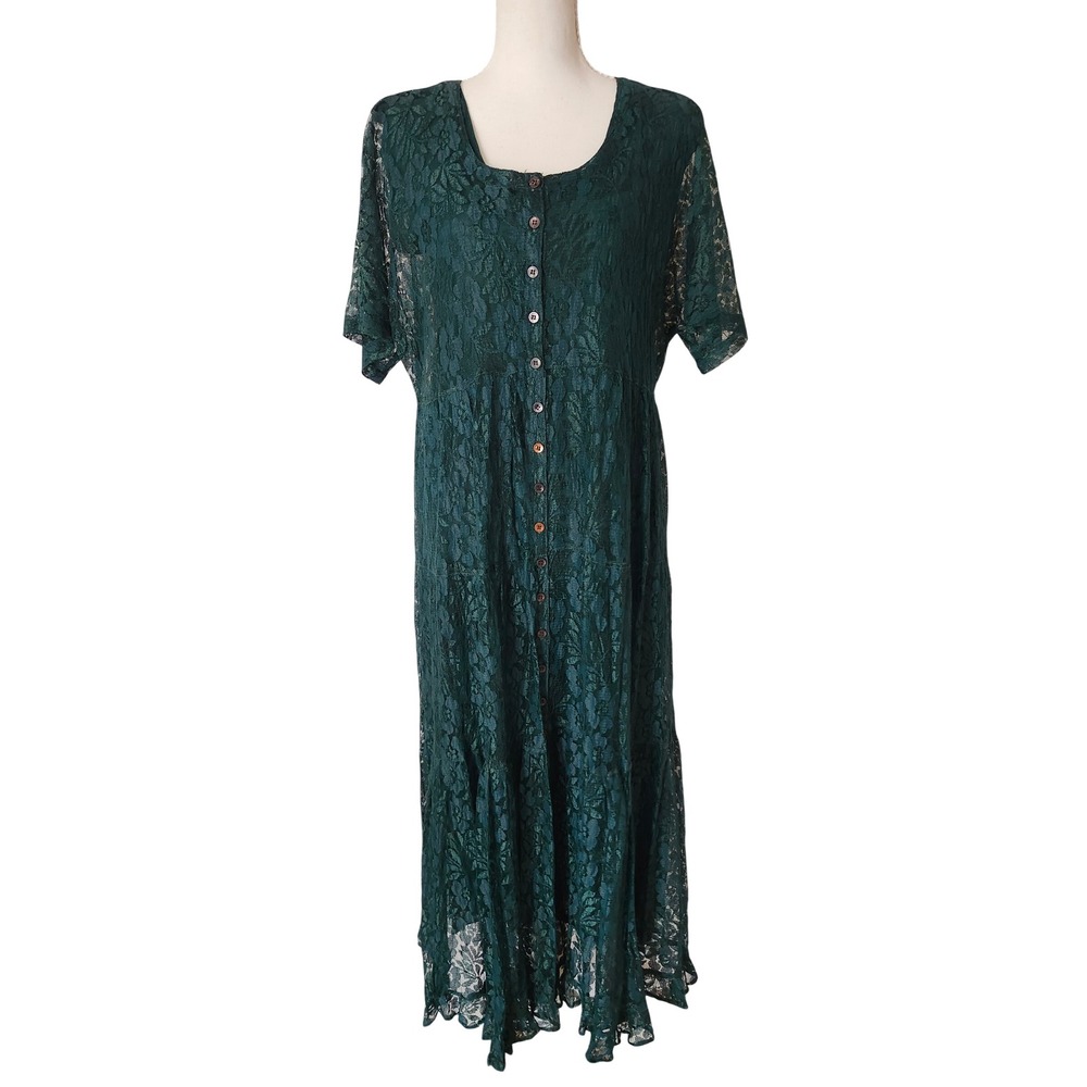 Vintage Starina 90s Green Floral Lace Maxi Dress Whimsygoth Cottagecore Medium